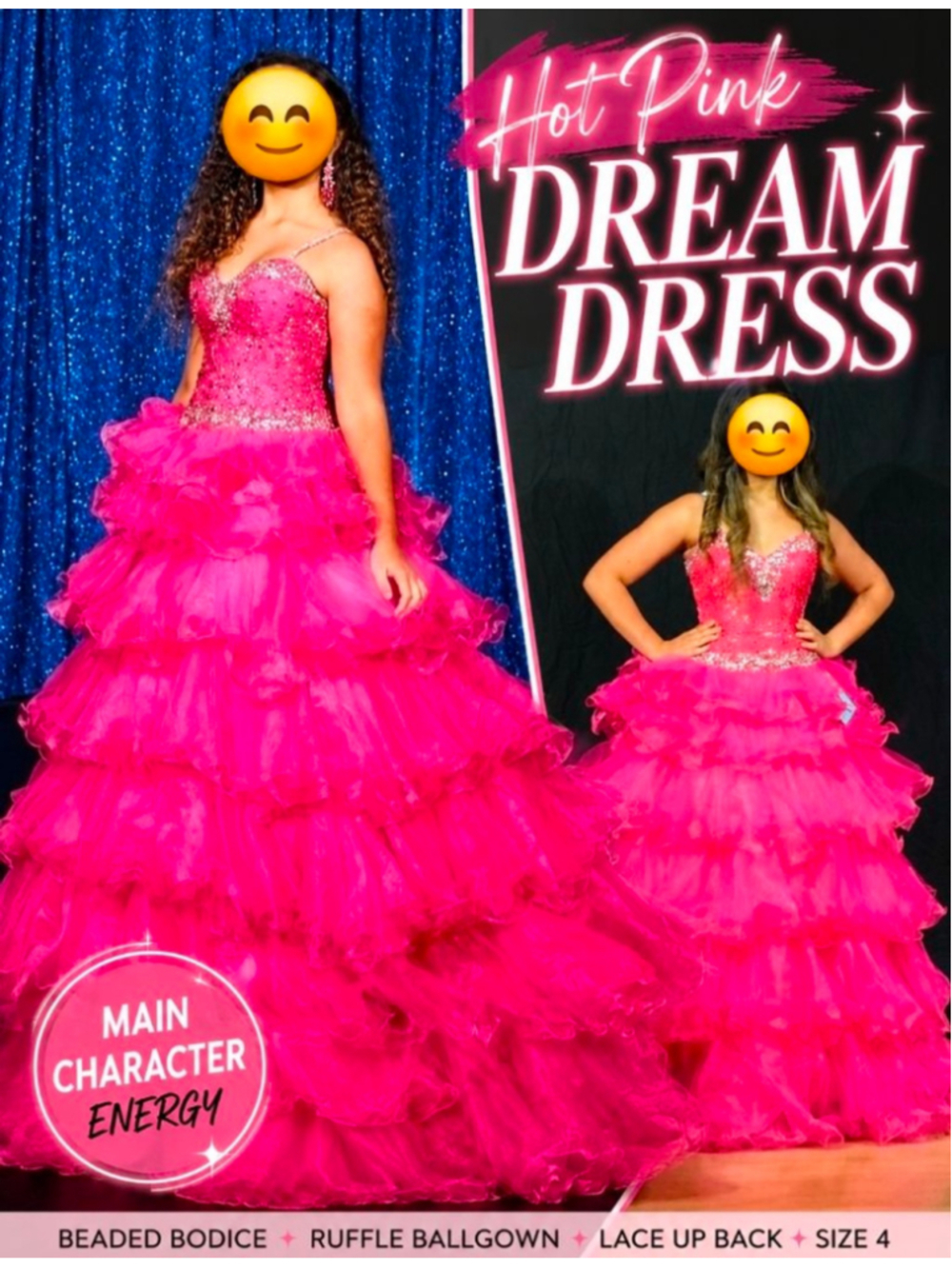 Hot Pink Beaded Ruffle Ball Gown Pageant Dress Size 4 Lace Up Corset Formal